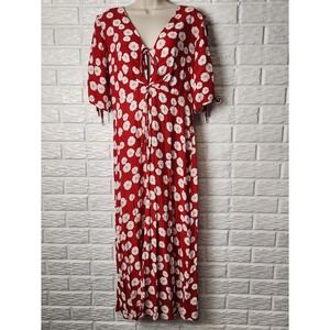 Keliki Hawaii Red White Floral Dress Swim Coverup Size Small Tie Front Flowy